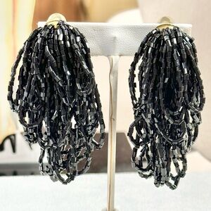 Vintage Elegant Black Glass Seed Bead Statement Dangle Clip On Earrings